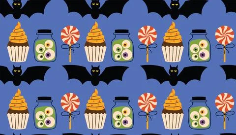 Cute Halloween seamless pattern with black bats, cupcakes, jars with eyeballs Stock Illustration