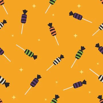 Cute Halloween seamless pattern with candies on orange background Illustrazione stock