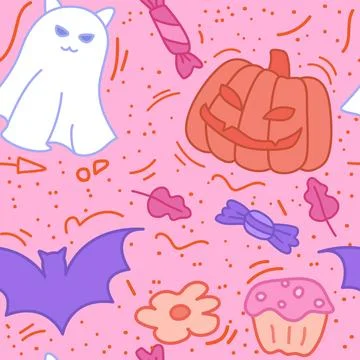 Cute Halloween seamless pattern. Cat ghost, pumpkin, bat, candy. 스톡 일러스트