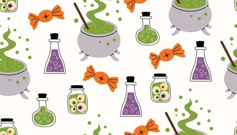 Cute Halloween seamless pattern with cauldrons, test tubes with poison, jar.. Stockillustratie