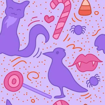 Cute Halloween seamless pattern with crow and black cat and candy. 스톡 일러스트