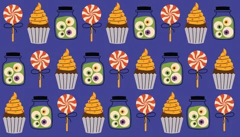 Cute Halloween seamless pattern with cupcakes, jars with eyeballs, and twis.. Stock Illustration