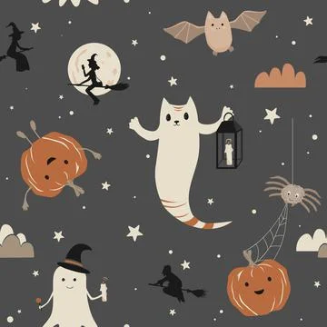 Cute Halloween seamless pattern with ghosts, bats, pumpkins, spider and flying Stock Illustration