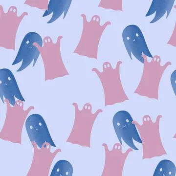 Cute Halloween seamless pattern with ghosts on a blue background Illustrazione stock