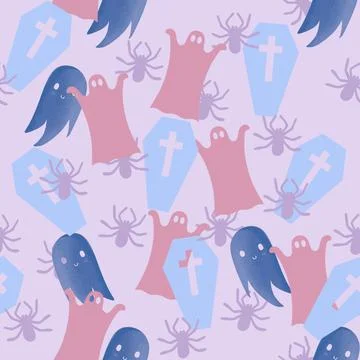 A cute Halloween seamless pattern with ghosts, spiders, and coffins on a pink Illustrazione stock