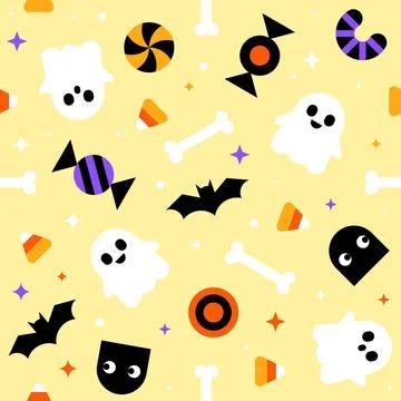 Cute Halloween seamless pattern with ghosts bats and candy corn Stockillustratie