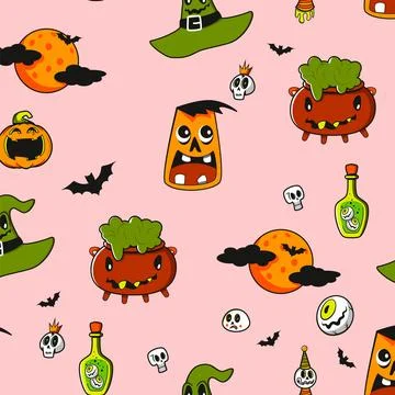 Cute Halloween seamless pattern. Hat, mushrooms, poison, hat witch, bat, skul Stock Illustration