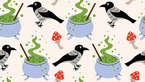 Cute Halloween seamless pattern with potion cauldrons, ravens, and fly agar.. Illustrazione stock