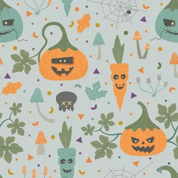 Cute Halloween seamless pattern with pumpkin, carrot, mushroons, leaves. Perfect Stock Illustration