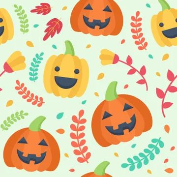 Cute Halloween seamless pattern. Pumpkins, leaves and flowers. Stock Illustration