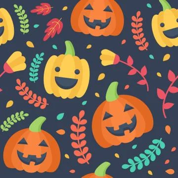 Cute Halloween seamless pattern. Pumpkins, leaves and flowers. Stock Illustration