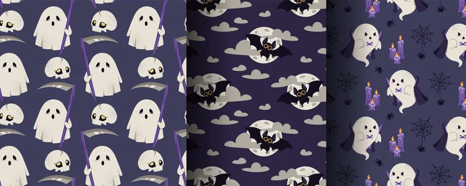 Cute Halloween Seamless Pattern Set with Vampire Ghost, Grim Reaper and Bat Illustrazione stock