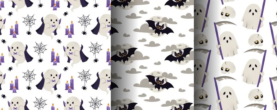 Cute Halloween Seamless Pattern Set with Vampire Ghost, Grim Reaper and Bat 스톡 일러스트