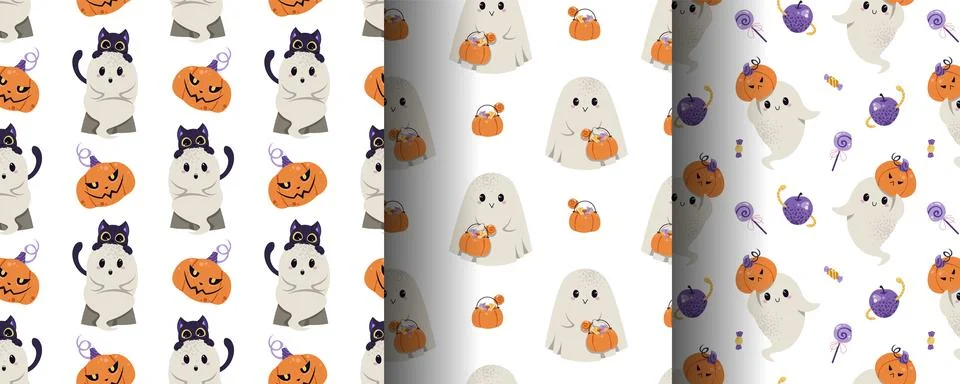 Cute Halloween Seamless Pattern Set with Ghosts, Black Cat, Pumpkin and Sweets Stock Illustration