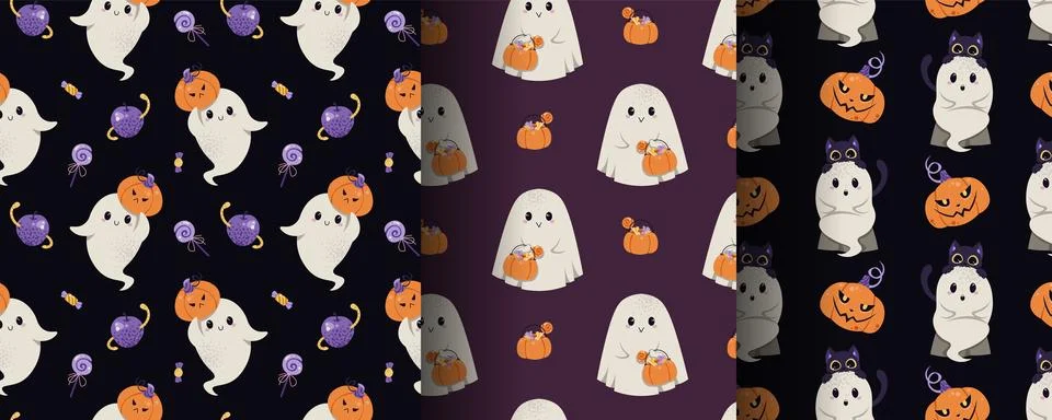 Cute Halloween Seamless Pattern Set with Ghosts, Black Cat, Pumpkin and Sweets Stock Illustration