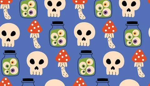 Cute Halloween seamless pattern with skull, fly agaric, and jar with eyebal.. Stock Illustration