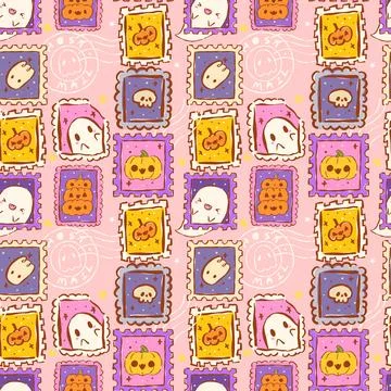 Cute Halloween seamless pattern spooky postage stamps, whimsical hand drawn Stock Illustration