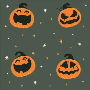Cute Halloween seamless pattern. Starry sky and various pumpkins for Hallowee Stock Illustration