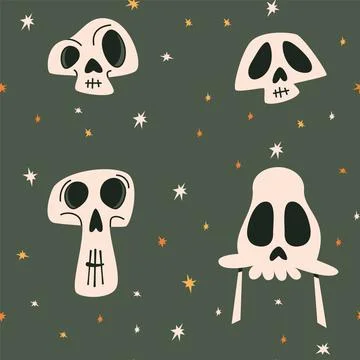 Cute Halloween seamless pattern. Starry sky and various skulls and bones fo.. Stock Illustration