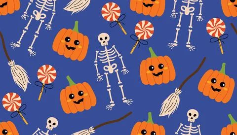 Cute Halloween seamless pattern with twisted lollipops, carved pumpkins, wi.. Illustrazione stock