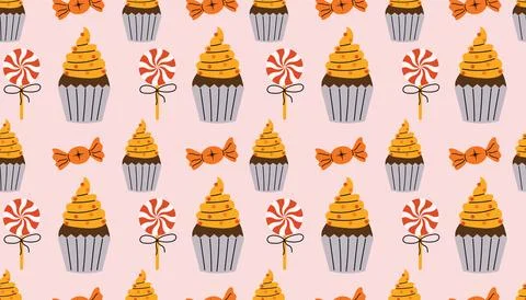 Cute Halloween seamless pattern with twisted lollipops, candies and cakes o.. 스톡 일러스트