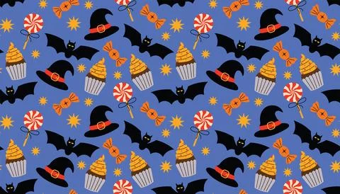 Cute Halloween seamless pattern with twisted lollipop, candies, cakes, witc.. 스톡 일러스트
