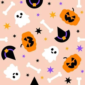 Cute Halloween seamless pattern with witch hats ghosts and pumpkins Stock Illustration