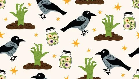 Cute Halloween seamless pattern with zombie hands, eyeballs in bottles, cro.. Stock Illustration