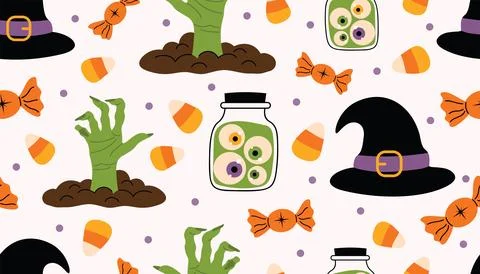 Cute Halloween seamless pattern with zombie hands, eyeballs in bottles, candy Illustrazione stock