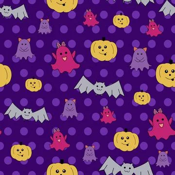 Cute Halloween seamless vector pattern on purple polka dots background 库存插图