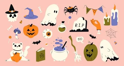 Cute Halloween set of different elements 库存插图