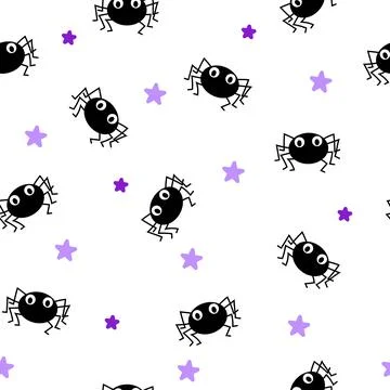 Cute Halloween Spider Seamless Pattern Vector: Black Spiders and Purple Stars Stock-Illustration