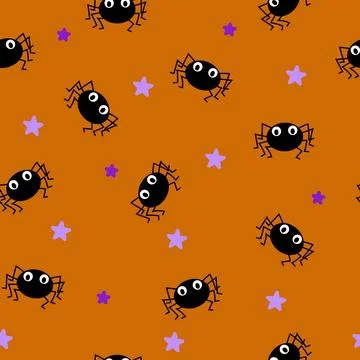 Cute Halloween Spider Seamless Pattern Vector: Black Spiders on Orange Ground 库存插图