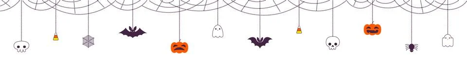 Cute Halloween spider web border with hanging ornaments illustration Stock Illustration