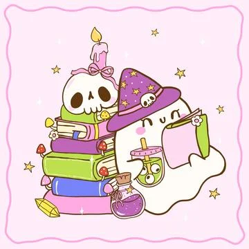 Cute Halloween Spooky Witch Ghost Reading Book with stacked books Cartoon H.. Stock Illustration