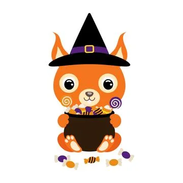Cute Halloween squirrel in witch hat holding a pot with candies. Cartoon anim Stock Illustration