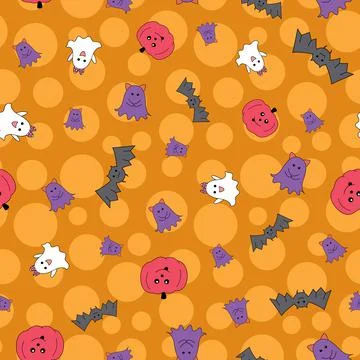 Cute Halloween theme vector repeat pattern on orange background Stock Illustration