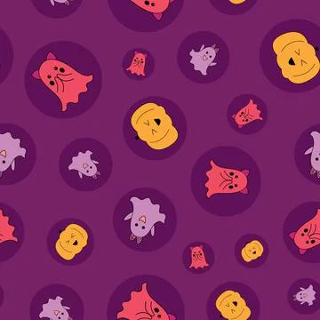 Cute Halloween theme vector repeat pattern on purple background Stock Illustration