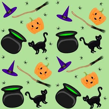 A cute Halloween-themed pattern. Pumpkin, hat, broom, black cat, spider, and Stock Illustration