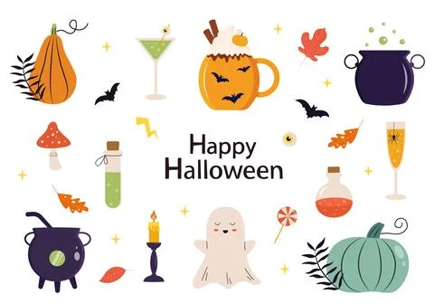 Cute Halloween vector elements set on white background Stock Illustration