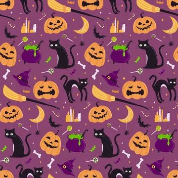 Cute Halloween vector seamless pattern. Pumpkins with different faces, blac.. Stock Illustration