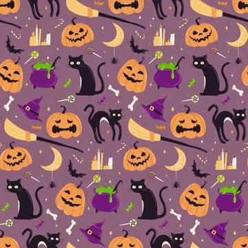 Cute Halloween vector seamless pattern. Pumpkins with different faces, black  Stock Illustration