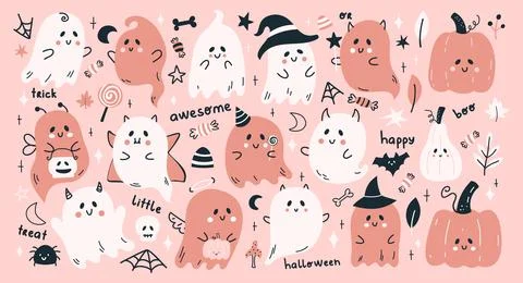 Cute Halloween vector set pattern with cartoon ghosts, pumpkins and more funny Illustrazione stock