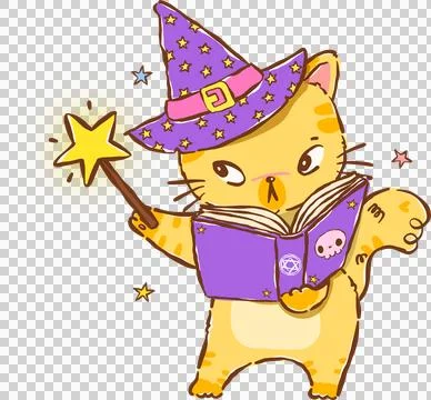 Cute Halloween Witch Cat Reading Spellbook with Magic Wand Hand Drawn Illus.. Stock Illustration