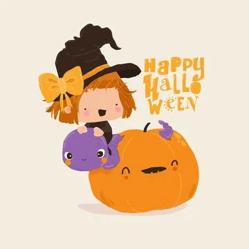 Cute Halloween Witch sitting on Big Worm in Pumpkin Stock Illustration