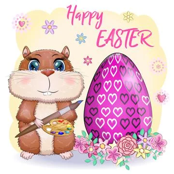 Cute hamster with easter egg, hamster cartoon characters, funny animal charac Stock Illustration