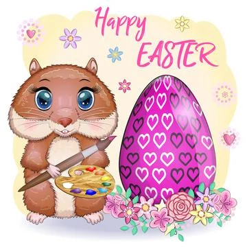 Cute hamster with easter egg, hamster cartoon characters, funny animal charac Stock Illustration