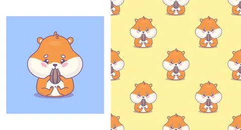 Cute hamster eats seed. Seamless pattern with funny cartoon rodent kawaii c.. Stock Illustration