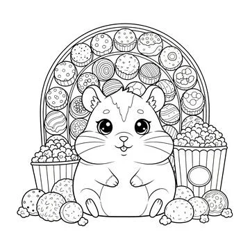 Cute Hamster Surrounded by Sweets and Snacks, Coloring Page Outline Stock-Illustration