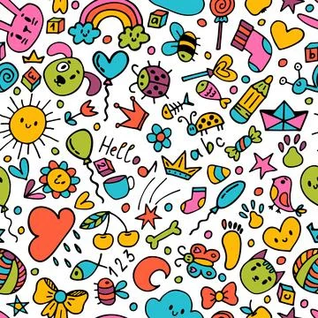 Cute hand darwn seamless pattern with sketch elements. Background for kids... Stock Illustration